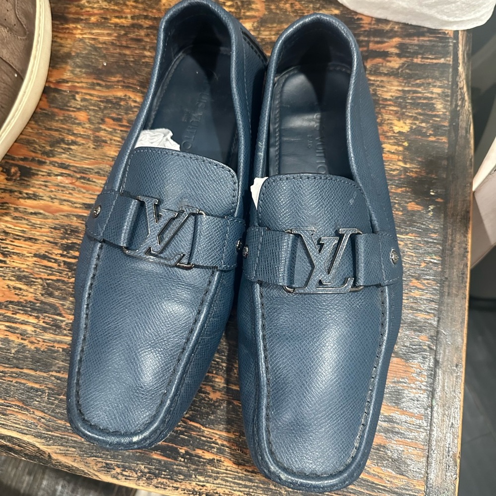 Louis Vuitton Blue Leather Loafers with Logo Accent